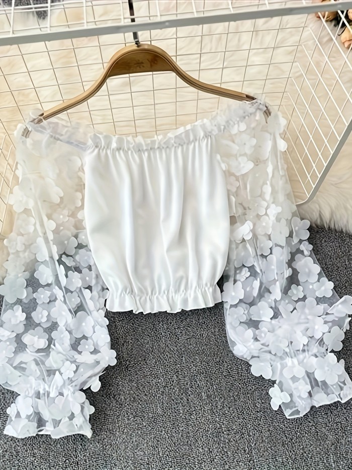 Women's Fashion Elegant Off-Shoulder Ruffled Short Lightweight Semi-Sheer Chiffon Blouse
