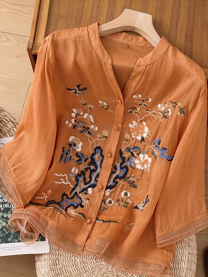 Women's Lightweight Viscose Linen Embroidered Sheer Round Neck Long Sleeve Top Blouse