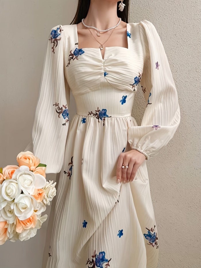 French-Style Gentle Waist-Defining Floral Embroidered Mid-Length Dress with a Square Neckline, Perfect for Vacation.
