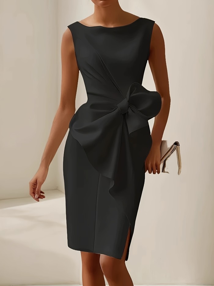 Elegant Sleeveless Crew Neck Solid Color Bow Embellished Slim Fit Dress