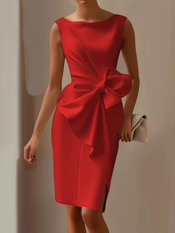 Elegant Sleeveless Crew Neck Solid Color Bow Embellished Slim Fit Dress