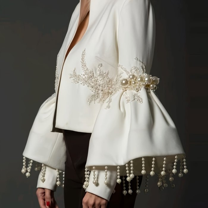 Women's Tweed Elegant Beaded Bell Sleeve Dress Jacket, Pearl Pendant Hem Blouse, Fleece Short Coat