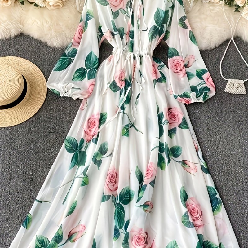 Women's Bohemian Floral Print Maxi Dress with Puffy Sleeves & Round Neck