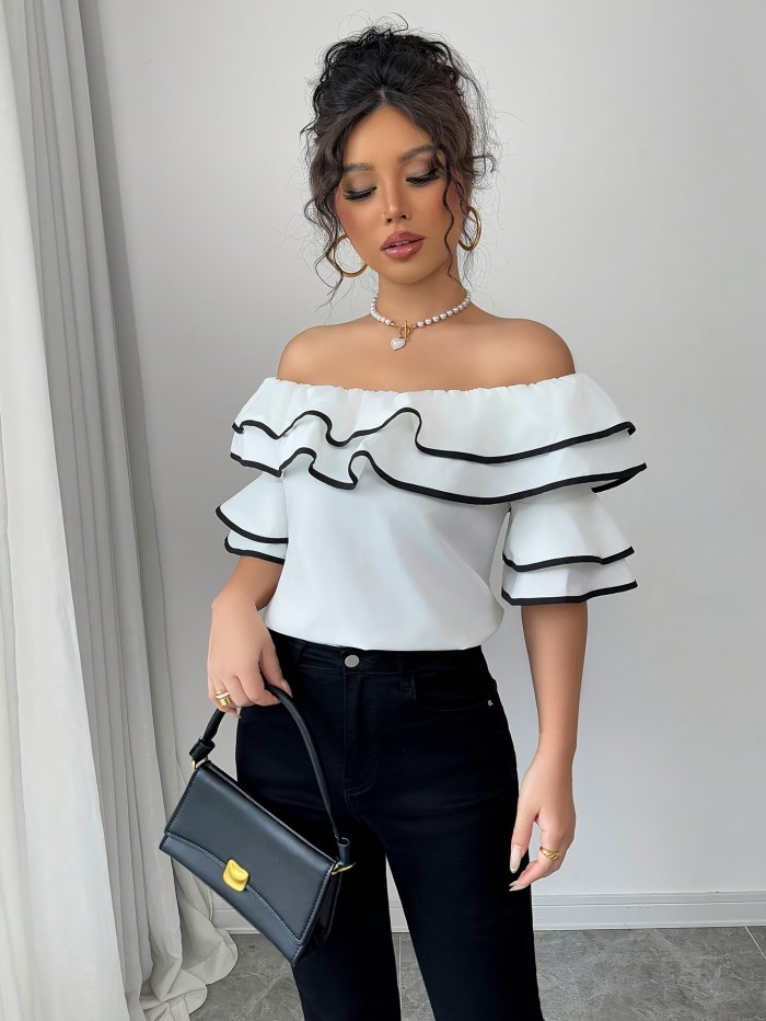 Elegant Off-Shoulder Ruffle Blouse for Women - Chic Black & White Wavy Trim Top, Versatile for Spring\u002FSummer\u002FFall, Polyester Fabric, Machine Washable, Spring Summer Fashion | Chic Ruffle Design | Stylish Blouse