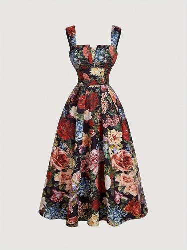 Women'S Elegant Floral Print A-Line Vintage Style Sleeveless Round Neck Dress