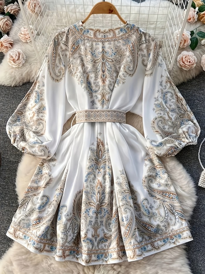 Fashion Elegant Floral Print V-Neck Long Sleeve A-Line Silhouette Midi Dress