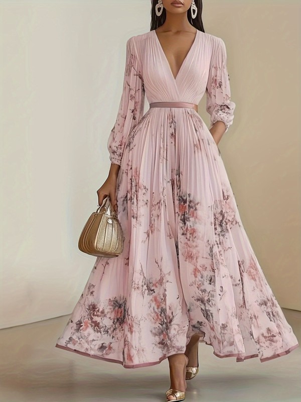 Elegant Olive Green V-Neck A-Line Formal Maxi Dress with Floral Lace Appliqué, Ruffled Bodice & Slit Hem - Machine Washable Women's Wedding, Party & Evening Gown, Wedding Dresses, Wedding Guest Attire, Vneck Design, Pleated Skirt Style, Highquality Fabric, Bridesmaid Gown