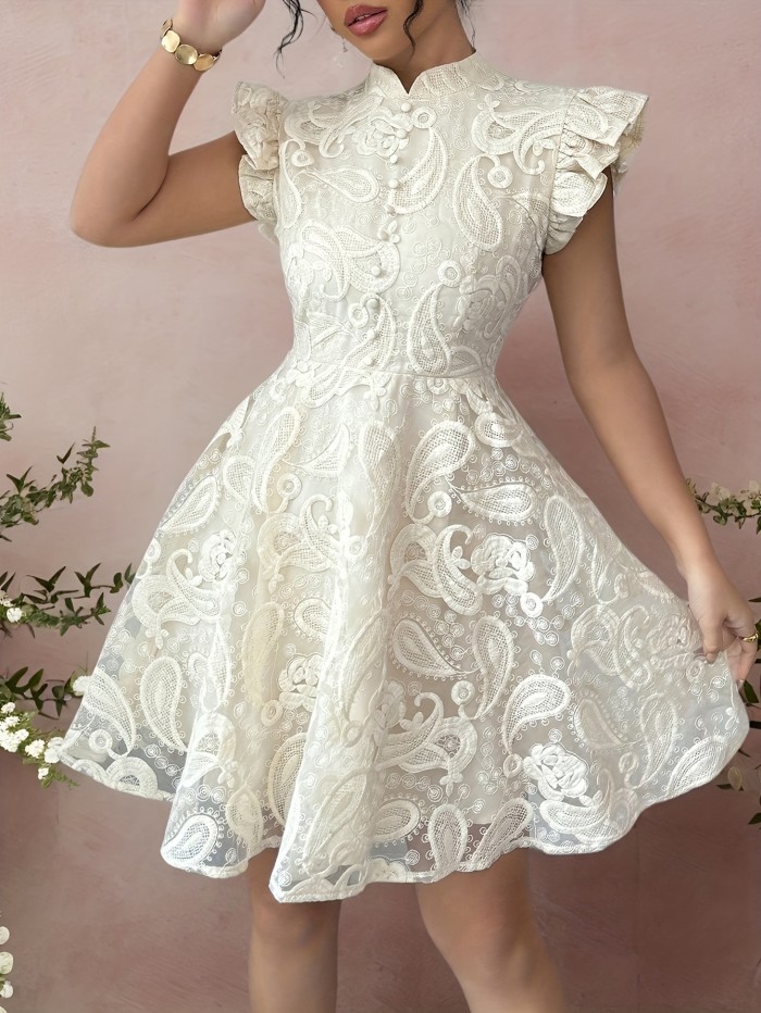 Elegant Women'S Lace Fitted A-Line Silhouette Solid Color Mini Dress