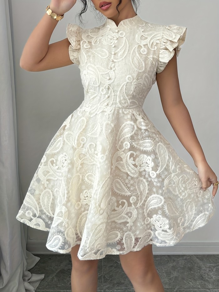 Elegant Women'S Lace Fitted A-Line Silhouette Solid Color Mini Dress