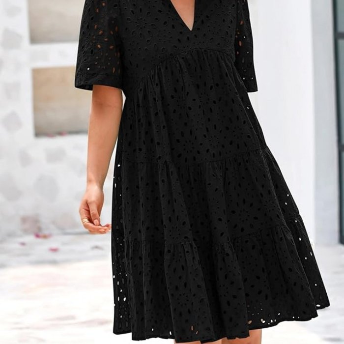 Women'S Casual V-Neck Short Sleeve Ruffle Hem Mini Dress - Lightweight Polyester Beach Dress with Lace Detailing for Summer Vacation, Poolside & Outdoor
