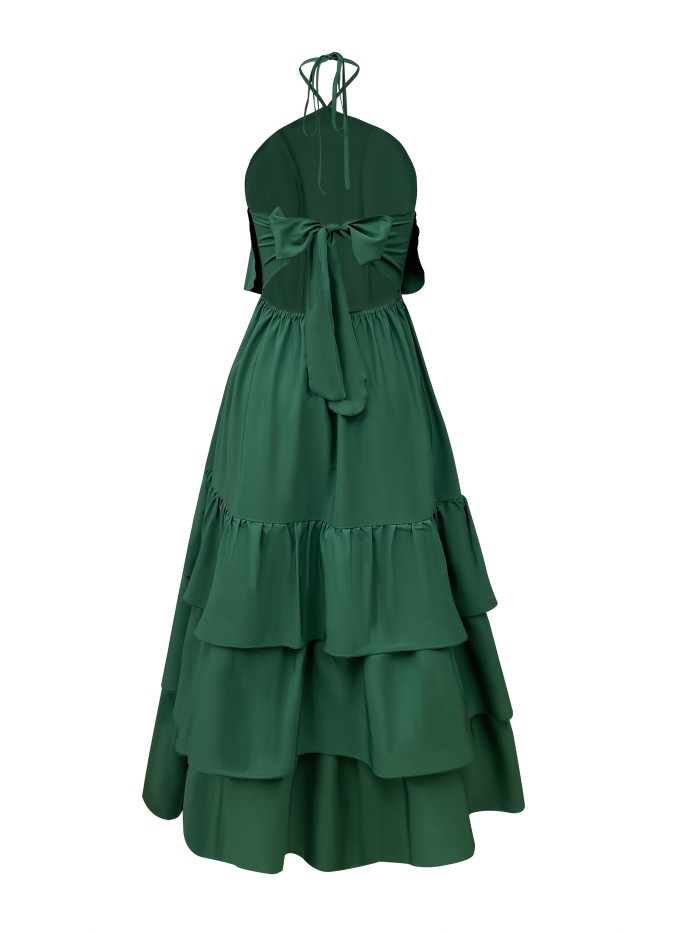 Women's Elegant Halter Neck Backless Summer Dress - Emerald Green Ruffled A-Line Beach Vacation Dress with Adjustable Spaghetti Straps & Machine Washable Fabric for Casual Outings, Beach Dresses, Formal Beachwear, Nontransparent Fabric