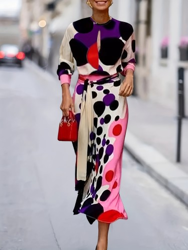 Elegant Long Dress with a Retro Round Neck, Color-Blocked Polka Dots, Long Sleeves, And a Lace Design, Featuring a Belt Made of Polyester.