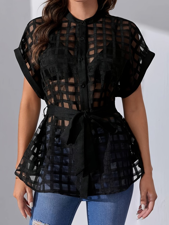 Women's Elegant Checkered Mesh Belted Short Sleeve Shirt - Semi-Sheer Black Blouse with Front Button Closure, Round Neck & Adjustable Waist Tie for Spring\u002FSummer Casual or Dressy Outfits, Spring Summer Top, Sophisticated Casual Wear, Nontransparent Fabric
