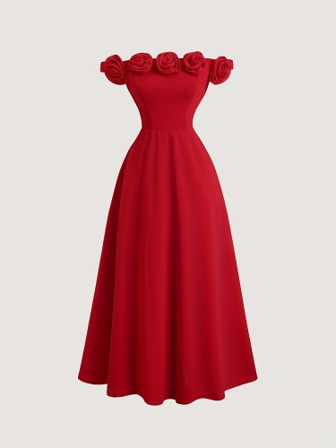 Off-Shoulder 3D Floral Decorated Waist-Cinched Flowy Red Midi Dress Elegant Romantic Sexy Ladylike Princess Date