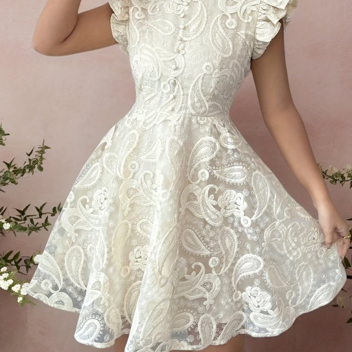 Elegant Women'S Lace Fitted A-Line Silhouette Solid Color Mini Dress