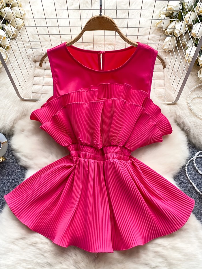 Women's V-Neck Ruffled Blouse with Elastic Waist & Flared Sleeves - Lightweight Polyester-Spandex Blend, Loose Fit Top for Spring\u002FSummer, Elegant Solid Color Casual to Formal Wear