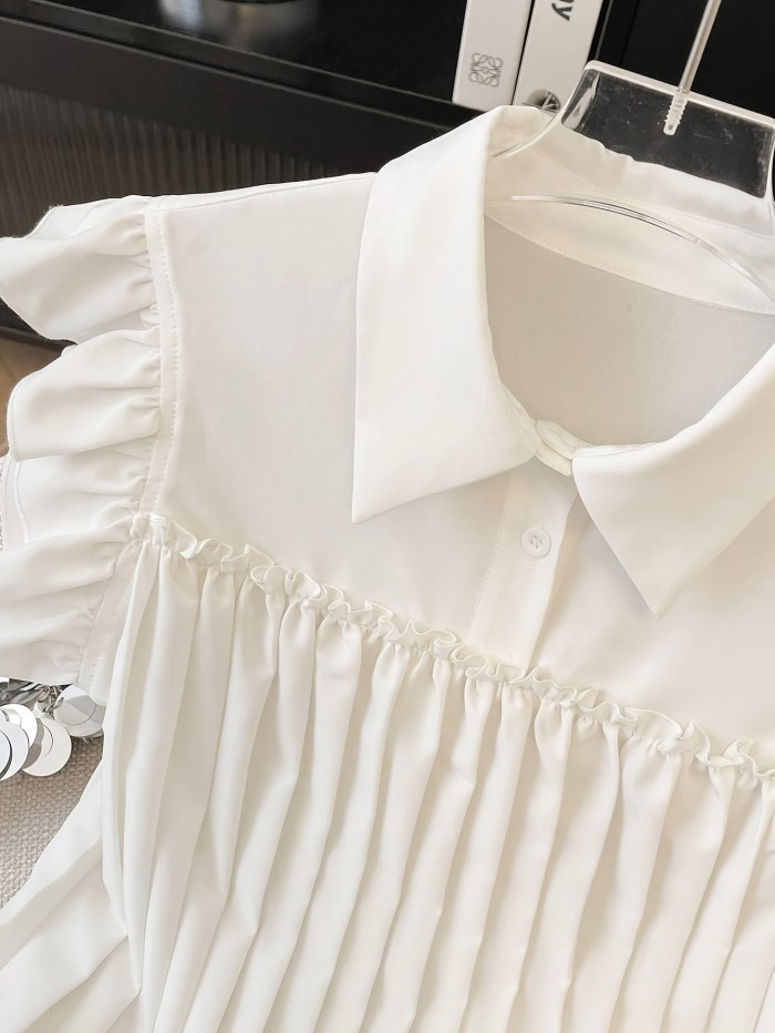 White Chiffon Top with a Refined French-Style Polo Collar.