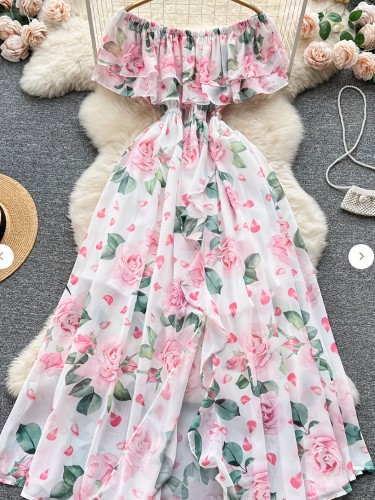 Women's Floral Print Ruffle Off-Shoulder A-Line Maxi Dress