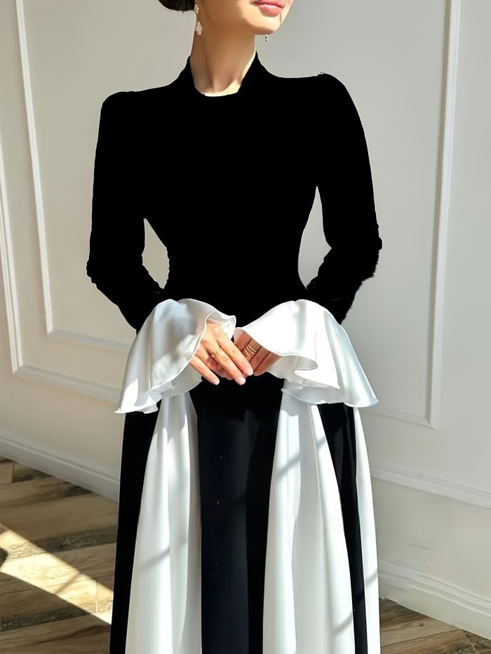 Polyester Fitted Crew Neck Long Dress - Solid Color, for Adult