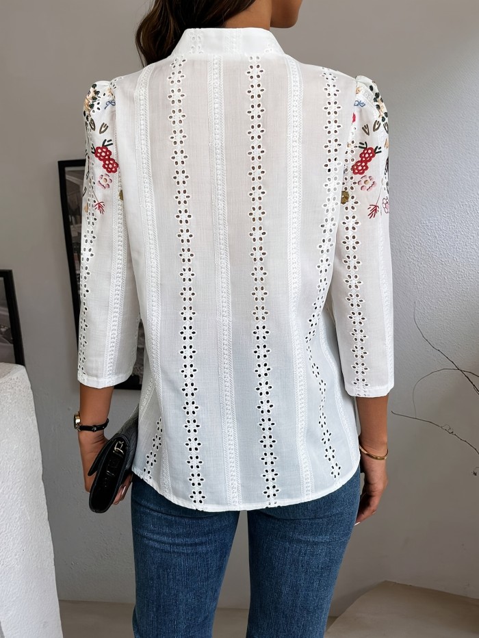 Women'S Floral Print Long Sleeve Button-Up Shirt - Casual Stand Collar, Lightweight Polyester for Spring\u002FSummer, Perfect for Casual Attire, Ladies T Shirts