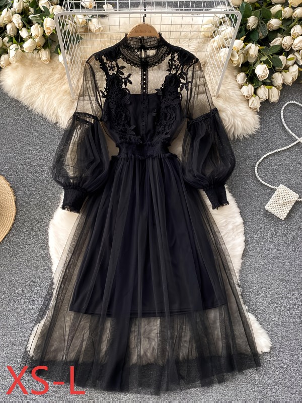 Fashion Women's Dress Set Women's Fashion Three-dimensional Flower Slim Long Dress Light Luxury Design Sense Women's Chiffon Lace Shirt Suspender Base Layer (Since The Outer Mesh Has No Stretch, Please Arrange It Yourself According to The Size Chart)