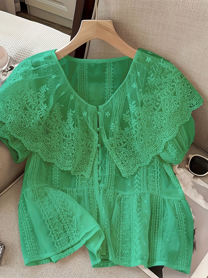 Women'S Elegant Casual V-Neck Blouse with Ruffle Detail - Light Purple Lace Trim, Button-Up Front, Short Puff Sleeves, Perfect for Spring\u002FSummer, Ladies Blouses