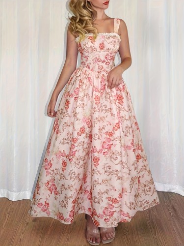 Women's French Vintage Romantic Print Contrast Lace Waist-Cinched Dress with Spaghetti Straps