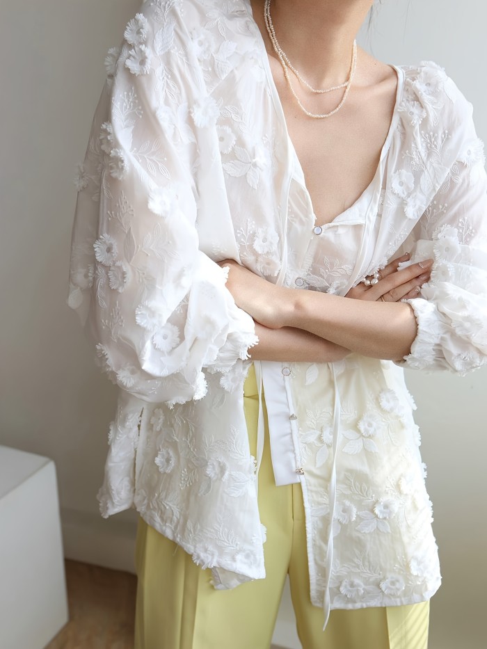 Elegant V-Neck Polyester 100% Long Sleeve Blouse for Women, Embroidered Floral Pattern, Regular Length, Single Breasted Placket, Spring\u002FSummer Top