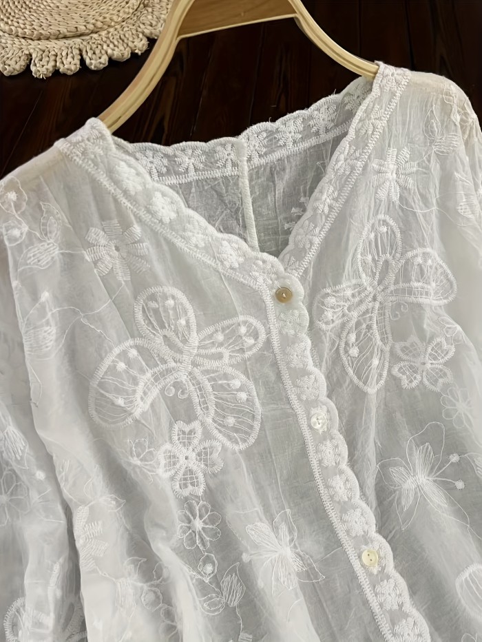 Women's Lightweight Butterfly Floral Embroidered V-Neck Blouse - Breathable Loose Fit Short Sleeve Shirt for Spring\u002FSummer, Casual & Formal Occasions, Butterfly Shirt