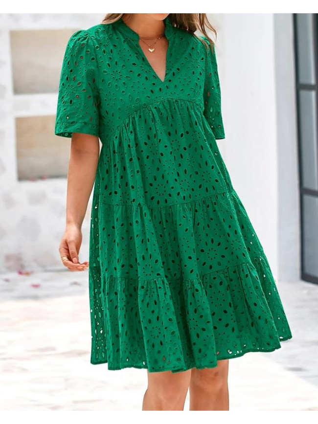 Women'S Casual V-Neck Short Sleeve Ruffle Hem Mini Dress - Lightweight Polyester Beach Dress with Lace Detailing for Summer Vacation, Poolside & Outdoor