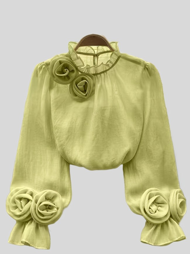 Women's French Vintage Elegant 3D Floral Chiffon Blouse - Long Sleeve Asymmetrical Ruffled Shoulder Design, Semi-Sheer Stand Collar Office Top, Machine Washable Spring\u002FFall Workwear, Spring Outerwear, Delicate Texture Fabric