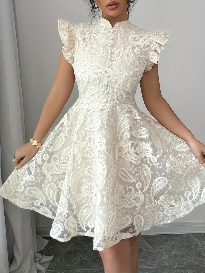 Elegant Women'S Lace Fitted A-Line Silhouette Solid Color Mini Dress