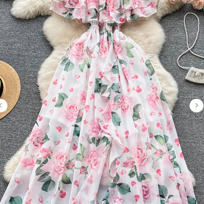 Women's Floral Print Ruffle Off-Shoulder A-Line Maxi Dress