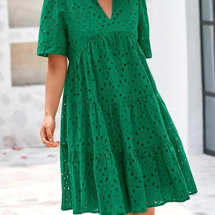 Women'S Casual V-Neck Short Sleeve Ruffle Hem Mini Dress - Lightweight Polyester Beach Dress with Lace Detailing for Summer Vacation, Poolside & Outdoor