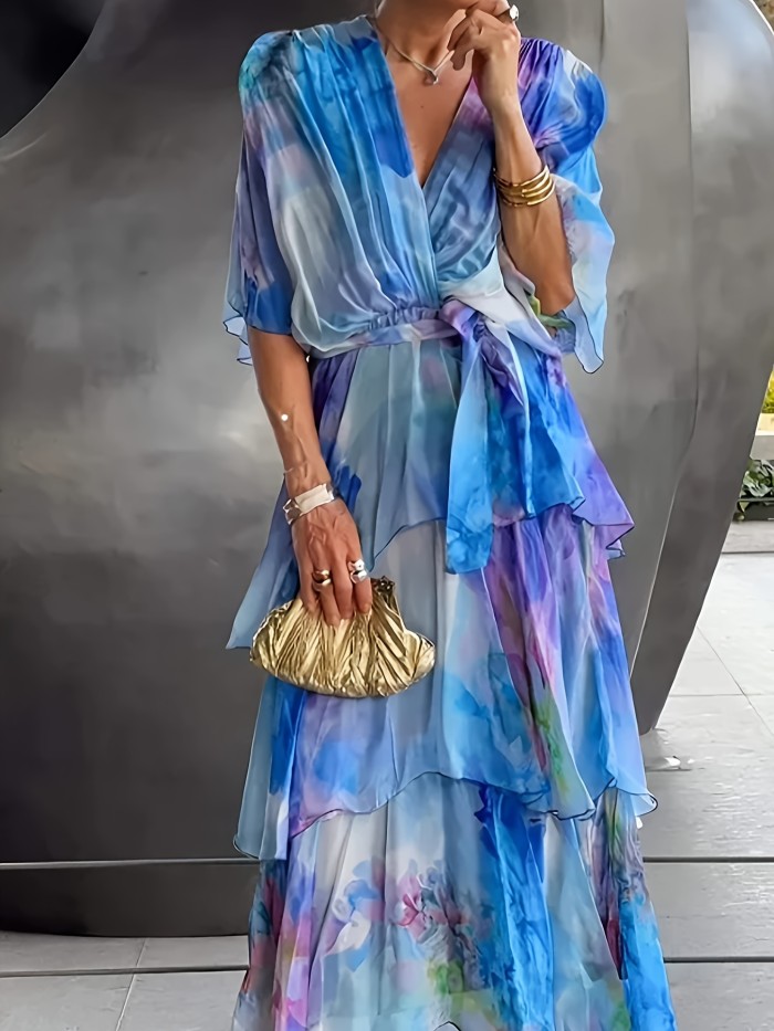 Women's Floral Print Tie-Dye V-Neck Layered Maxi Dress - A-Line Tie-Waist with Chest Ruching, Lightweight Summer Machine Washable Elegant Casual to Formal Dress, Cute Dress, Formal Attire, No Stretch Fabric, Decorative Ruching