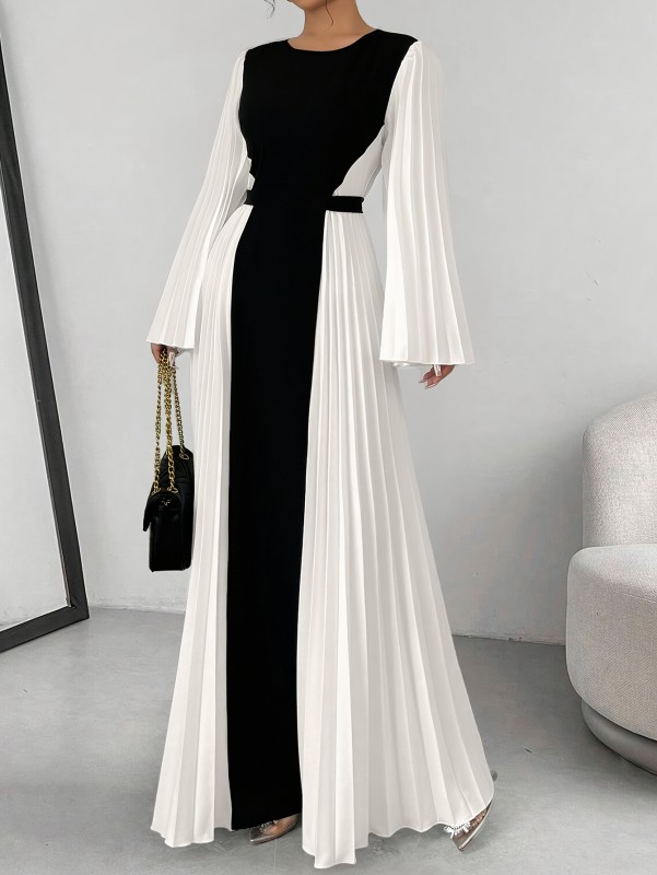 Women's Elegant Color-Block Pleated Flared Sleeve Maxi Dress with Adjustable Waist Belt - A-Line Long Dress for Spring Summer Fall, Machine Washable, Formal Occasion, Sophisticated Style, Structured Fit, Office Attire, Nonstretch Fabric, Professional Women