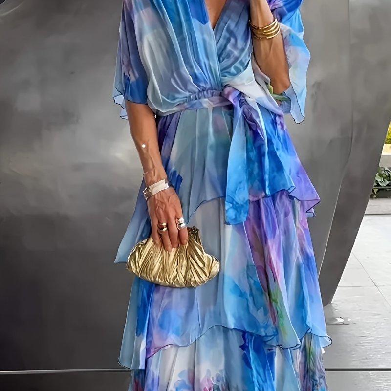 Women's Floral Print Tie-Dye V-Neck Layered Maxi Dress - A-Line Tie-Waist with Chest Ruching, Lightweight Summer Machine Washable Elegant Casual to Formal Dress, Cute Dress, Formal Attire, No Stretch Fabric, Decorative Ruching