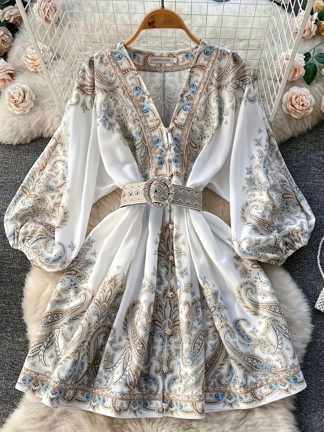 Fashion Elegant Floral Print V-Neck Long Sleeve A-Line Silhouette Midi Dress