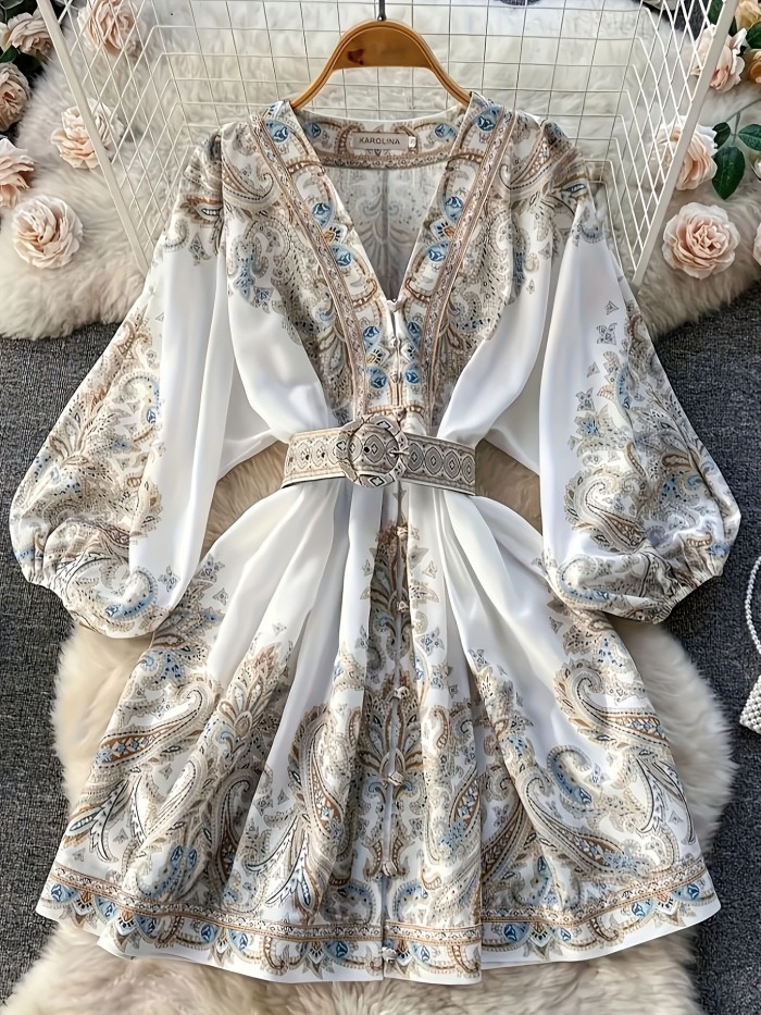 Fashion Elegant Floral Print V-Neck Long Sleeve A-Line Silhouette Midi Dress