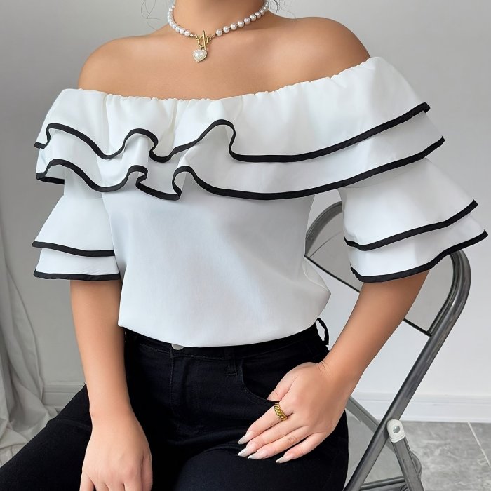 Elegant Off-Shoulder Ruffle Blouse for Women - Chic Black & White Wavy Trim Top, Versatile for Spring\u002FSummer\u002FFall, Polyester Fabric, Machine Washable, Spring Summer Fashion | Chic Ruffle Design | Stylish Blouse