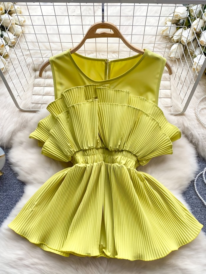 Women's V-Neck Ruffled Blouse with Elastic Waist & Flared Sleeves - Lightweight Polyester-Spandex Blend, Loose Fit Top for Spring\u002FSummer, Elegant Solid Color Casual to Formal Wear