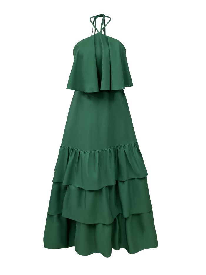 Women's Elegant Halter Neck Backless Summer Dress - Emerald Green Ruffled A-Line Beach Vacation Dress with Adjustable Spaghetti Straps & Machine Washable Fabric for Casual Outings, Beach Dresses, Formal Beachwear, Nontransparent Fabric