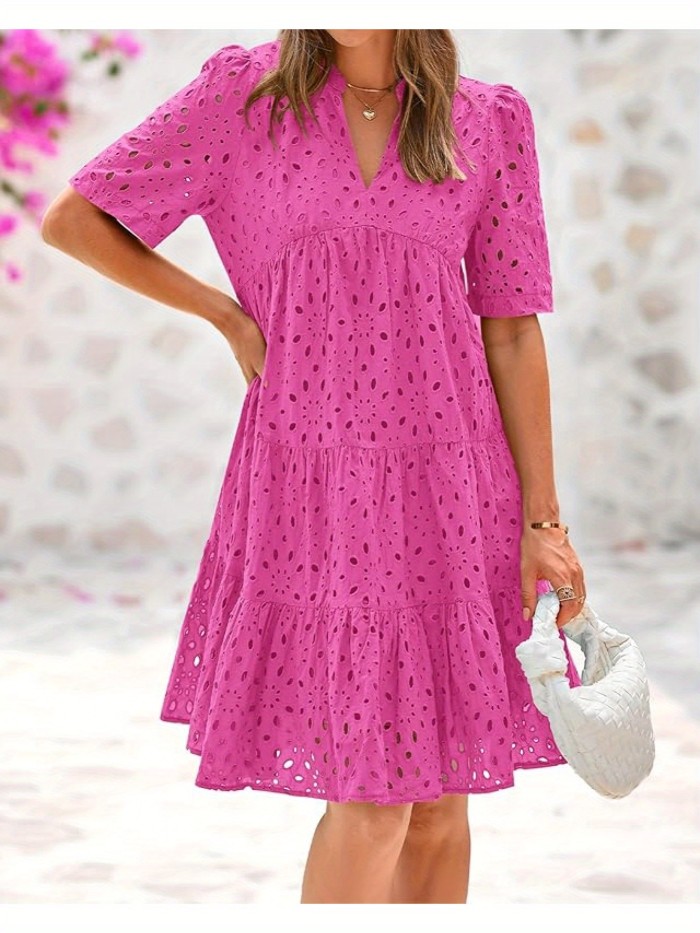 Women'S Casual V-Neck Short Sleeve Ruffle Hem Mini Dress - Lightweight Polyester Beach Dress with Lace Detailing for Summer Vacation, Poolside & Outdoor
