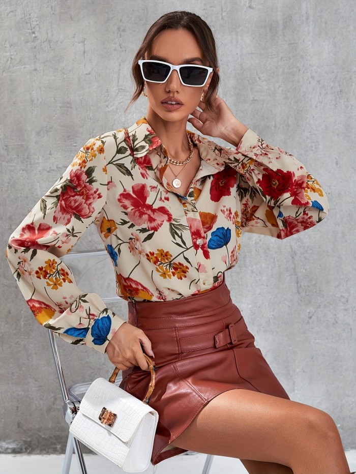 Elegant Floral Print Button-Up Blouse - Vibrant Multicolor Flowers, Long Sleeves, 100% Polyester, Machine Washable - Ideal for Spring\u002FSummer\u002FFall Fashion, Casual Wear Blouse|Elegant Floral Design|Floral Blouse