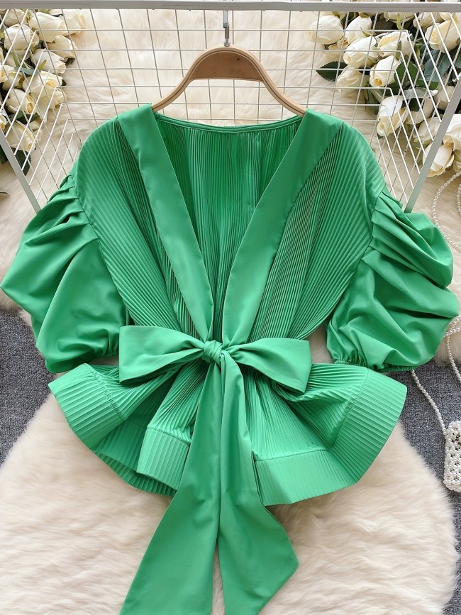 Elegant Purple Pleated Blouse with Ruffled Sleeves - V-Neck, Waist-Cinching Tie Detail, Lightweight for Spring\u002FSummer, Luxury Fashion Top, Luxury Fashion Top|Ruffled Sleeve Blouse|Pleated Fabric