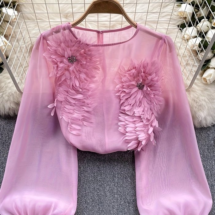 Elegant Floral Applique Pullover Blouse for Women - 3D Flower Design, Crew Neck, Long Sleeve, Bright Yellow, Perfect for Spring & Summer, Stylish and Versatile, Floral Print Blous