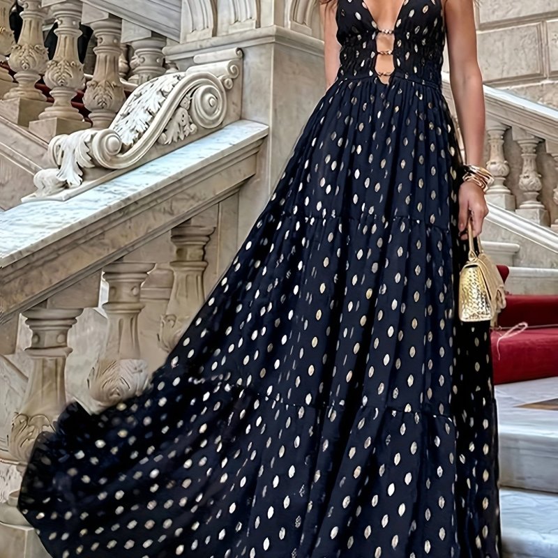 Elegant Women'S Deep V-Neck Gown with Golden Chain Detail, Floral Print, Sleeveless, Tie-Front Detail, Polyester, Summer Formal or Evening Dres