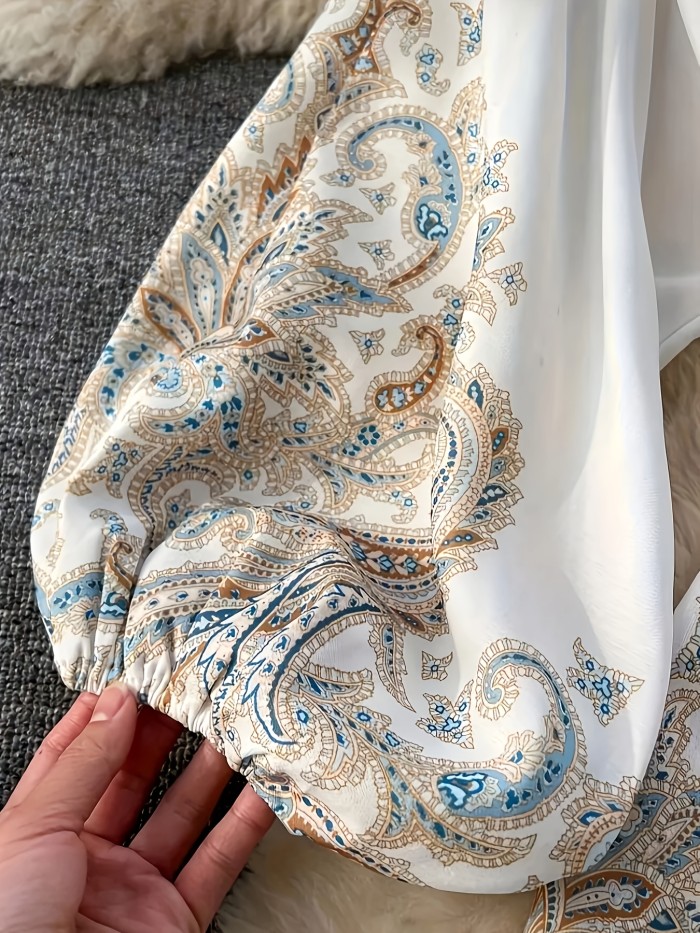 Fashion Elegant Floral Print V-Neck Long Sleeve A-Line Silhouette Midi Dress