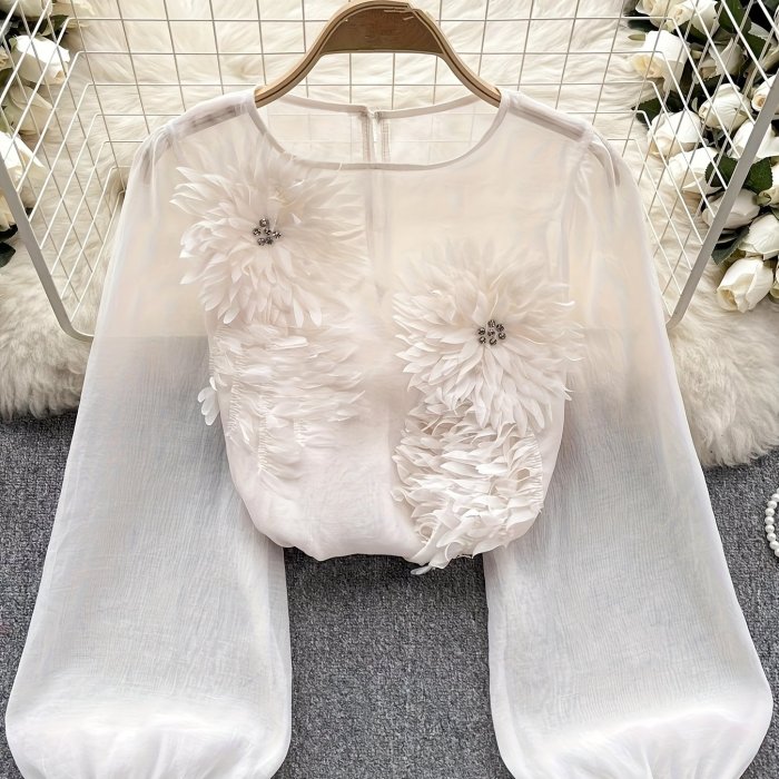 Elegant Floral Applique Pullover Blouse for Women - 3D Flower Design, Crew Neck, Long Sleeve, Bright Yellow, Perfect for Spring & Summer, Stylish and Versatile, Floral Print Blous