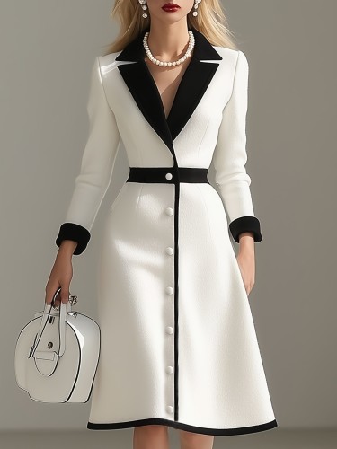 Elegant White V-Neck Midi Dress with Black Collar & Cuffs - Cinched Waist, Button Front, Long Sleeves, Perfect for Casual or Formal Occasions, Casual Chic Wear | Vneck Dress | Cinched Waist Design, Cute Dresses
